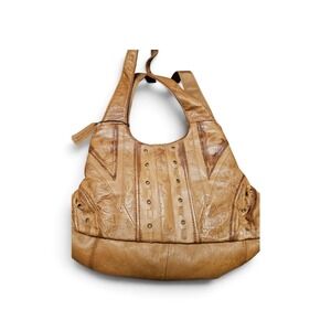 Cabin Creek Tan Leather Hobo Bag Floral Embossed Grommet Boho Shoulder Bag